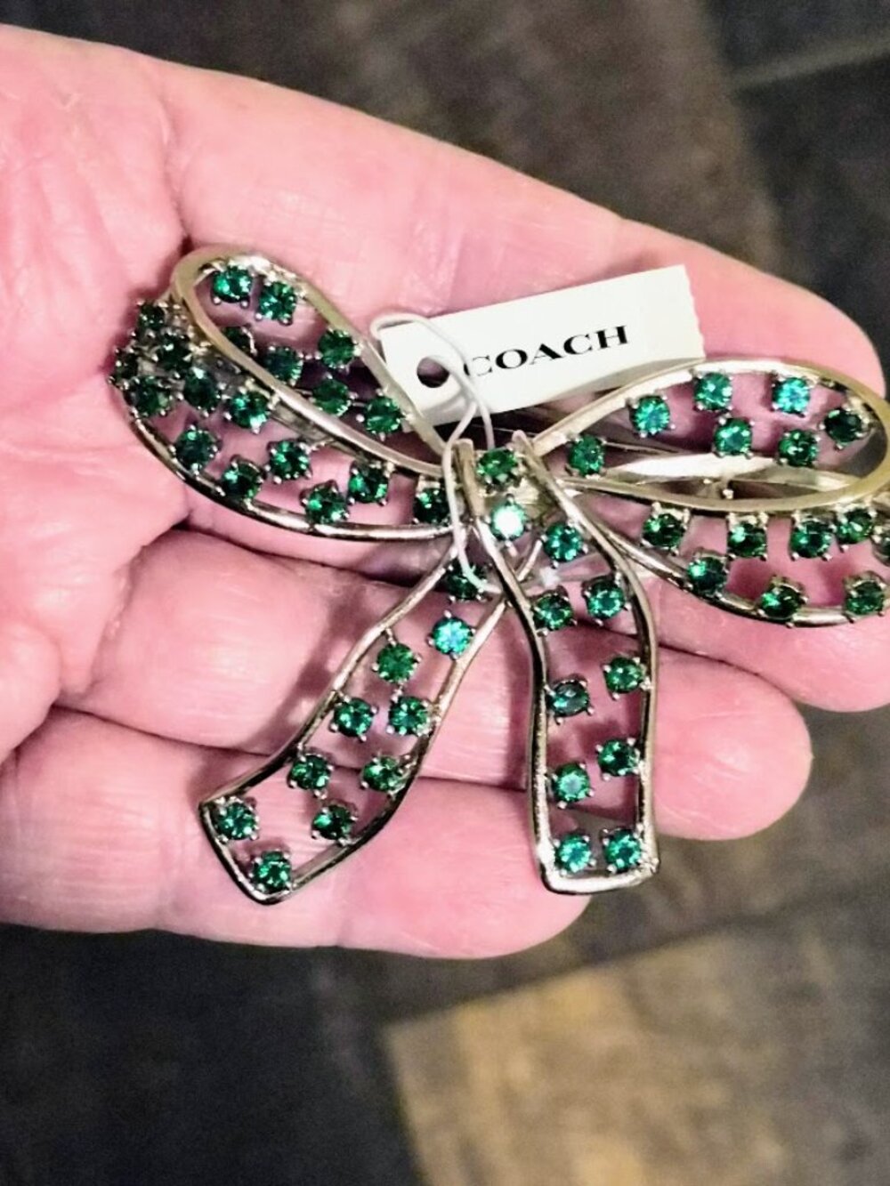 Coach Crystal Bow Brooch Green & Silver CAF22